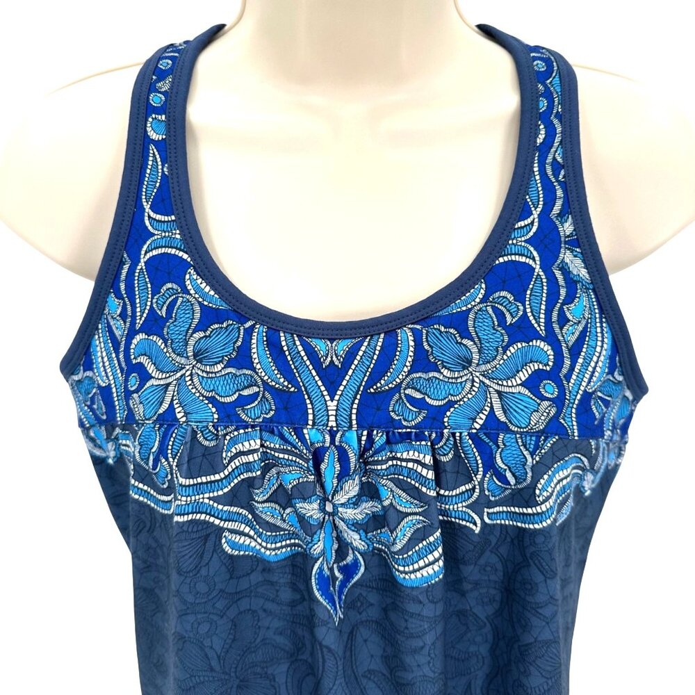 Athleta Womens Racerback Tank Top Blue Paisley  Adjustable Tie Hem Size S - Picture 3 of 9